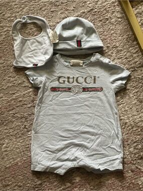 Gucci Light Blue Baby Romper Set with Red-Green Stripe